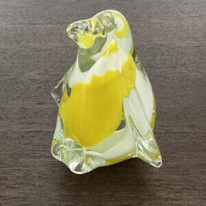 Penguin Yellow And White Glass Paperweight Figurine Clear Modern Art Deco 3.5"